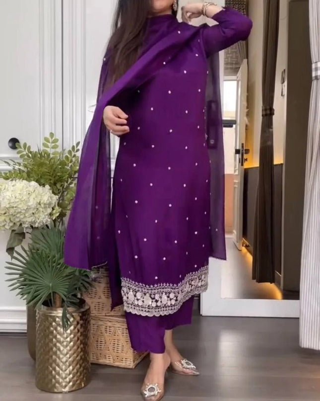 Purple Viscose Chinon Embroidery Top, Pant and Dupatta Set - Rosepetals Luxe