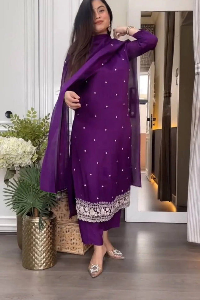 Purple Viscose Chinon Embroidery Top, Pant and Dupatta Set - Rosepetals Luxe