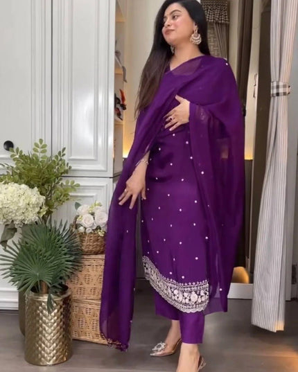 Purple Viscose Chinon Embroidery Top, Pant and Dupatta Set - Rosepetals Luxe