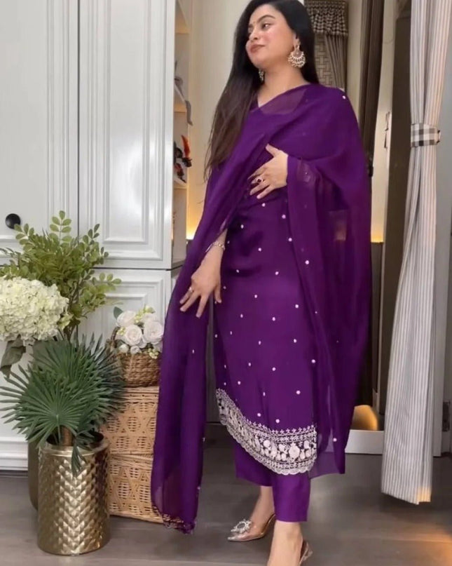 Purple Viscose Chinon Embroidery Top, Pant and Dupatta Set - Rosepetals Luxe