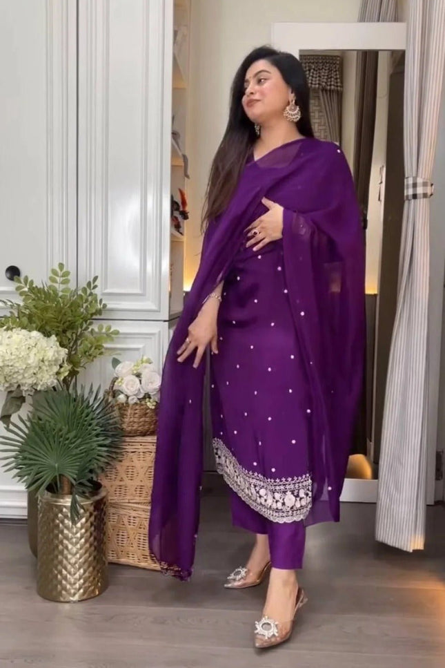 Purple Viscose Chinon Embroidery Top, Pant and Dupatta Set - Rosepetals Luxe