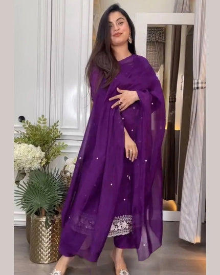Purple Viscose Chinon Embroidery Top, Pant and Dupatta Set - Rosepetals Luxe