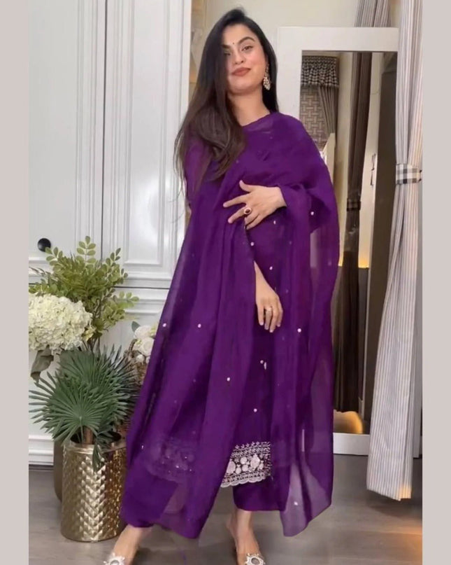 Purple Viscose Chinon Embroidery Top, Pant and Dupatta Set - Rosepetals Luxe