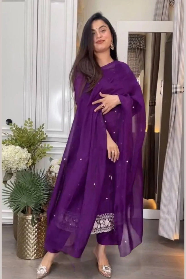 Purple Viscose Chinon Embroidery Top, Pant and Dupatta Set - Rosepetals Luxe