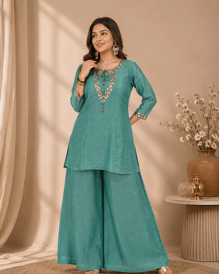 Rakshabandhan Sequins Zari Work Kurti Koti Palazzo Set With Blouse | Festive Co-Ord - Rosepetals Luxe