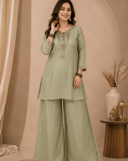 Rakshabandhan Sequins Zari Work Kurti Koti Palazzo Set With Blouse | Festive Co-Ord - Rosepetals Luxe