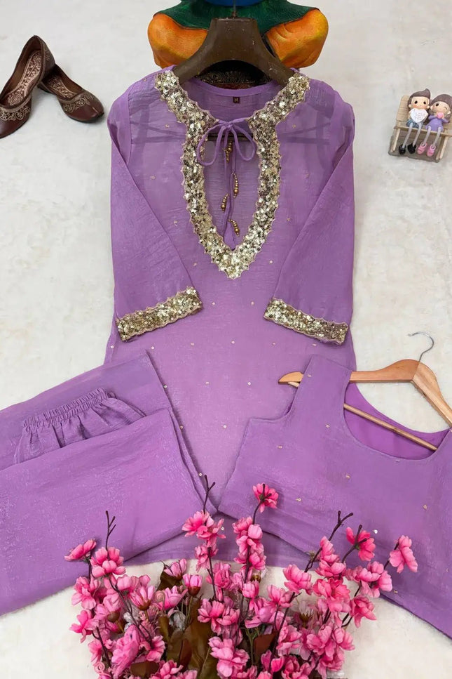 Rakshabandhan Sequins Zari Work Kurti Koti Palazzo Set With Blouse | Festive Co-Ord - Rosepetals Luxe
