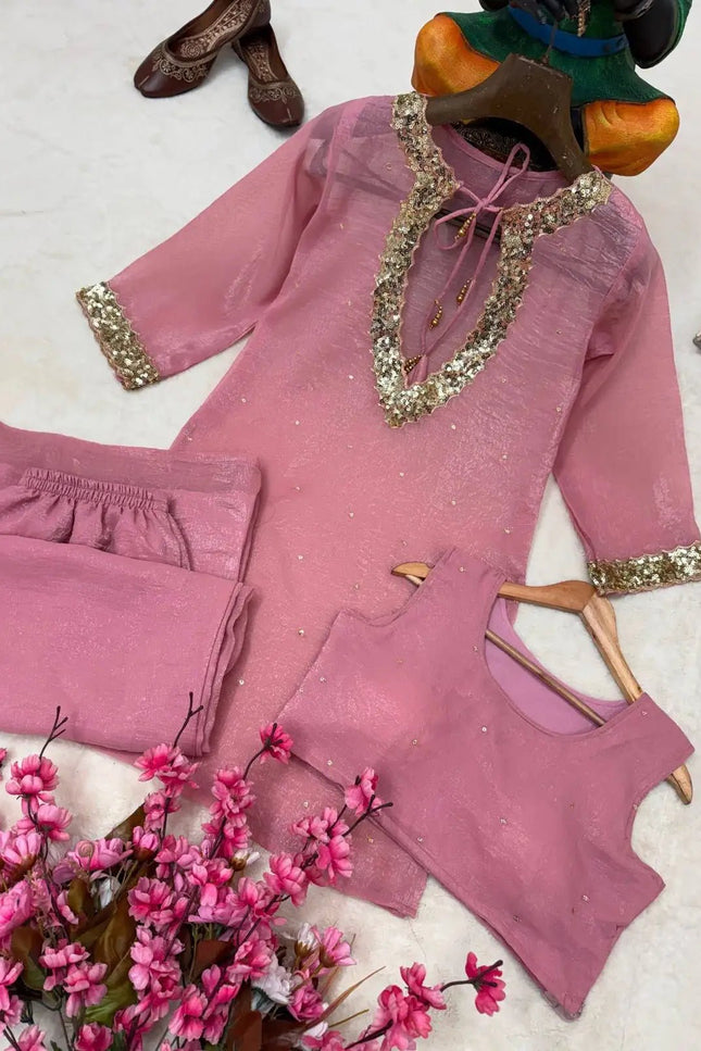 Rakshabandhan Sequins Zari Work Kurti Koti Palazzo Set With Blouse | Festive Co-Ord - Rosepetals Luxe