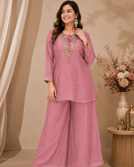 Rakshabandhan Sequins Zari Work Kurti Koti Palazzo Set With Blouse | Festive Co-Ord - Rosepetals Luxe