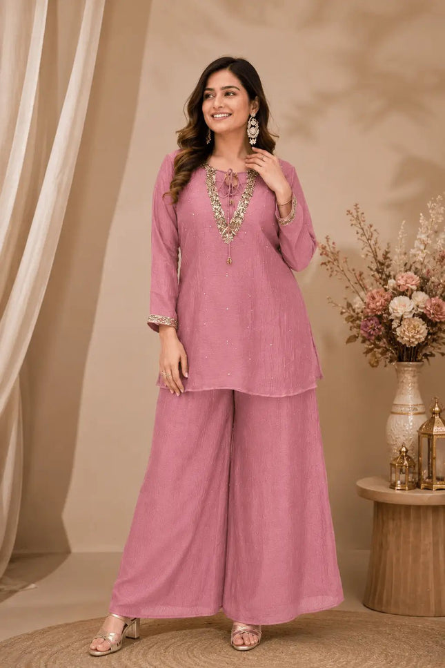 Rakshabandhan Sequins Zari Work Kurti Koti Palazzo Set With Blouse | Festive Co-Ord - Rosepetals Luxe