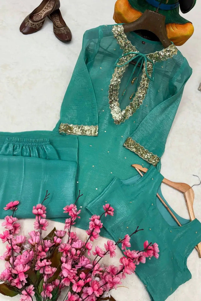 Rakshabandhan Sequins Zari Work Kurti Koti Palazzo Set With Blouse | Festive Co-Ord - Rosepetals Luxe
