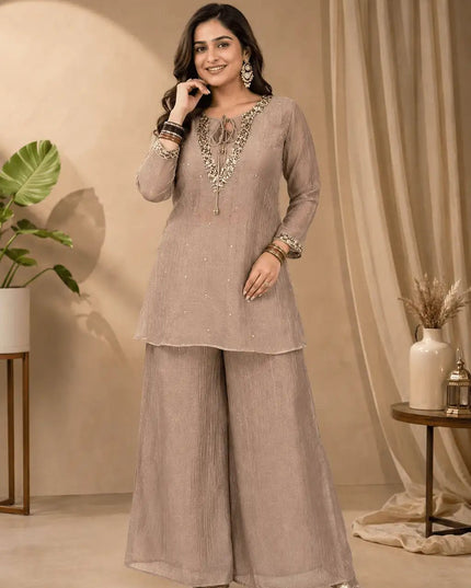 Rakshabandhan Sequins Zari Work Kurti Koti Palazzo Set With Blouse | Festive Co-Ord - Rosepetals Luxe