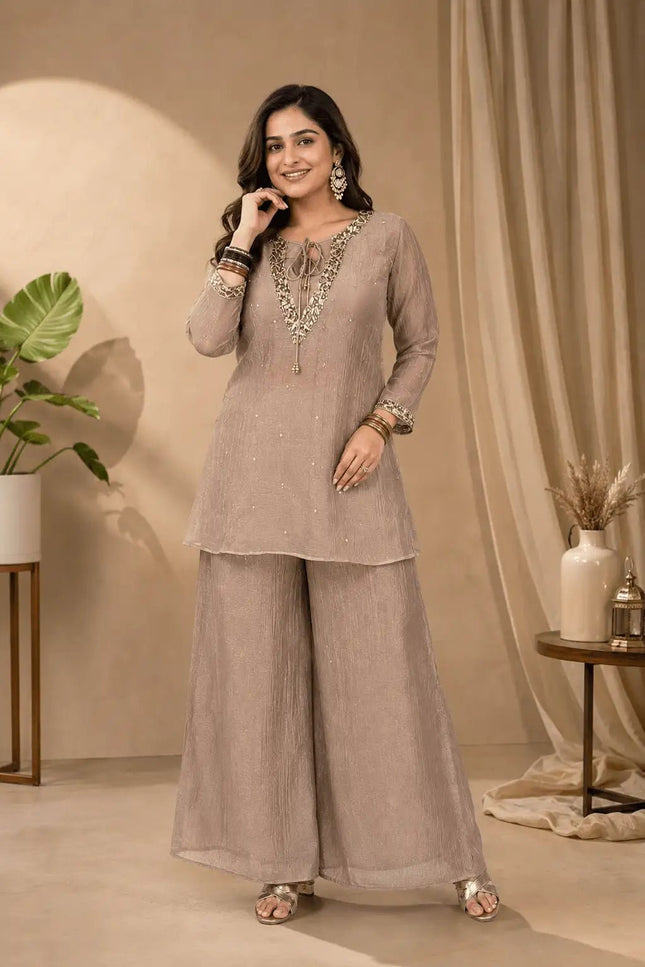 Rakshabandhan Sequins Zari Work Kurti Koti Palazzo Set With Blouse | Festive Co-Ord - Rosepetals Luxe