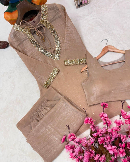 Rakshabandhan Sequins Zari Work Kurti Koti Palazzo Set With Blouse | Festive Co-Ord - Rosepetals Luxe