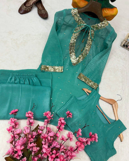 Rakshabandhan Sequins Zari Work Kurti Koti Palazzo Set With Blouse | Festive Co-Ord - Rosepetals Luxe