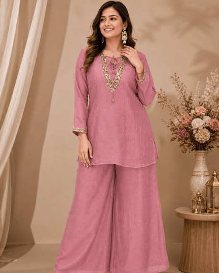 Rakshabandhan Sequins Zari Work Kurti Koti Palazzo Set With Blouse | Festive Co-Ord - Rosepetals Luxe