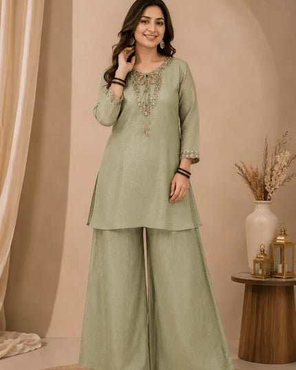 Rakshabandhan Sequins Zari Work Kurti Koti Palazzo Set With Blouse | Festive Co-Ord - Rosepetals Luxe