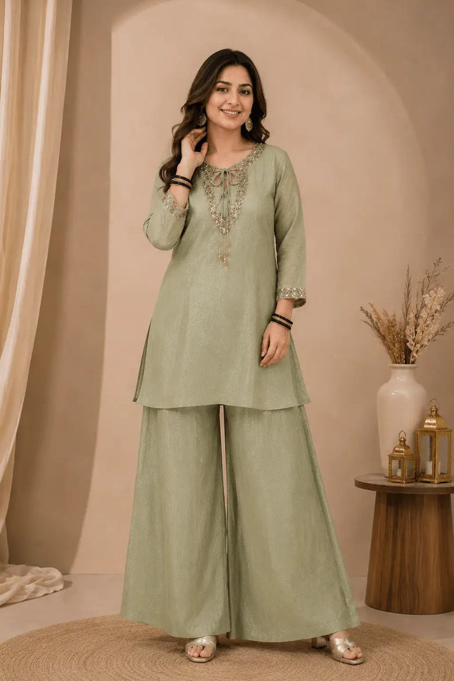 Rakshabandhan Sequins Zari Work Kurti Koti Palazzo Set With Blouse | Festive Co-Ord - Rosepetals Luxe