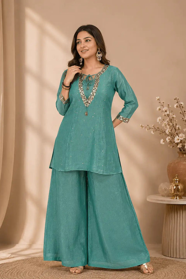 Rakshabandhan Sequins Zari Work Kurti Koti Palazzo Set With Blouse | Festive Co-Ord - Rosepetals Luxe