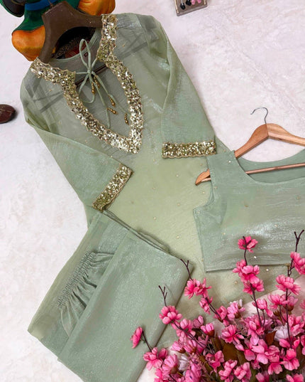 Rakshabandhan Sequins Zari Work Kurti Koti Palazzo Set With Blouse | Festive Co-Ord - Rosepetals Luxe