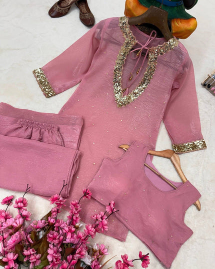 Rakshabandhan Sequins Zari Work Kurti Koti Palazzo Set With Blouse | Festive Co-Ord - Rosepetals Luxe