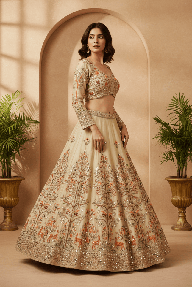 Rangoli Silk Lehenga Choli Set | Cutwork Dori & Sequin Embroidery | Semi-Stitched - Rosepetals Luxe