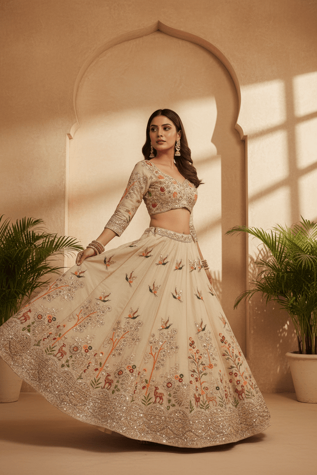 Rangoli Silk Lehenga Choli Set | Cutwork Dori & Sequin Embroidery | Semi-Stitched - Rosepetals Luxe