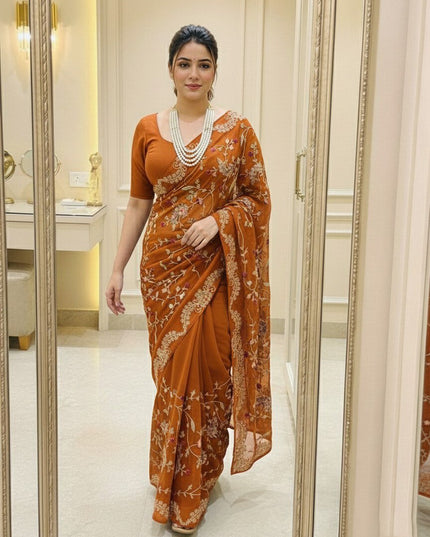 Rangoli Silk Saree with C - Pallu Embroidery Border | Elegant Party Wear Saree - Rosepetals Luxe