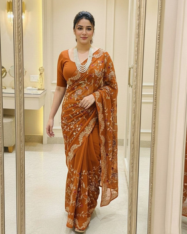 Rangoli Silk Saree with C - Pallu Embroidery Border | Elegant Party Wear Saree - Rosepetals Luxe