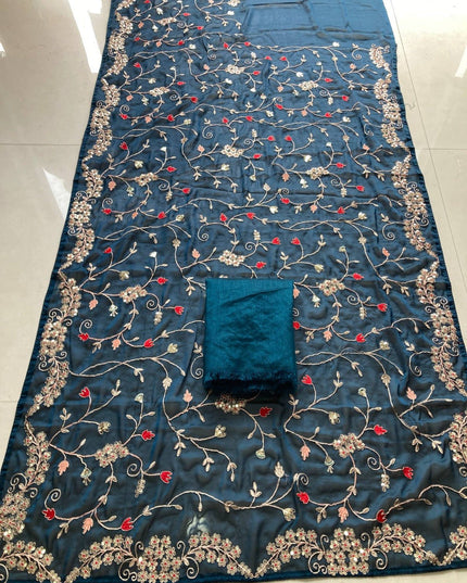 Rangoli Silk Saree with C - Pallu Embroidery Border | Elegant Party Wear Saree - Rosepetals Luxe