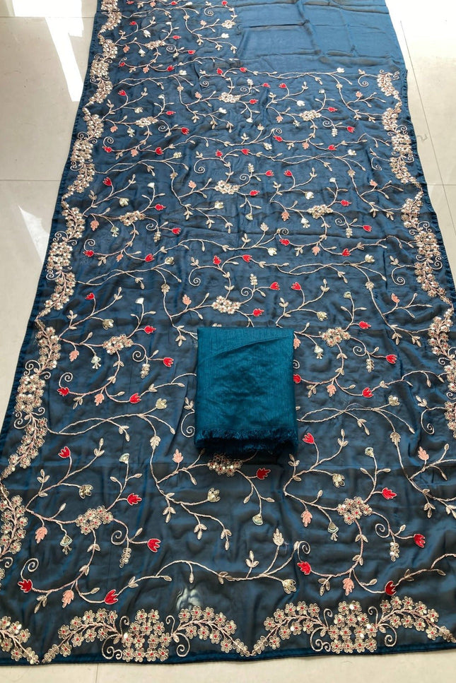 Rangoli Silk Saree with C - Pallu Embroidery Border | Elegant Party Wear Saree - Rosepetals Luxe