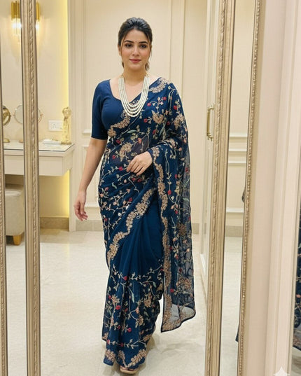 Rangoli Silk Saree with C - Pallu Embroidery Border | Elegant Party Wear Saree - Rosepetals Luxe