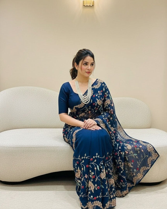 Rangoli Silk Saree with C - Pallu Embroidery Border | Elegant Party Wear Saree - Rosepetals Luxe