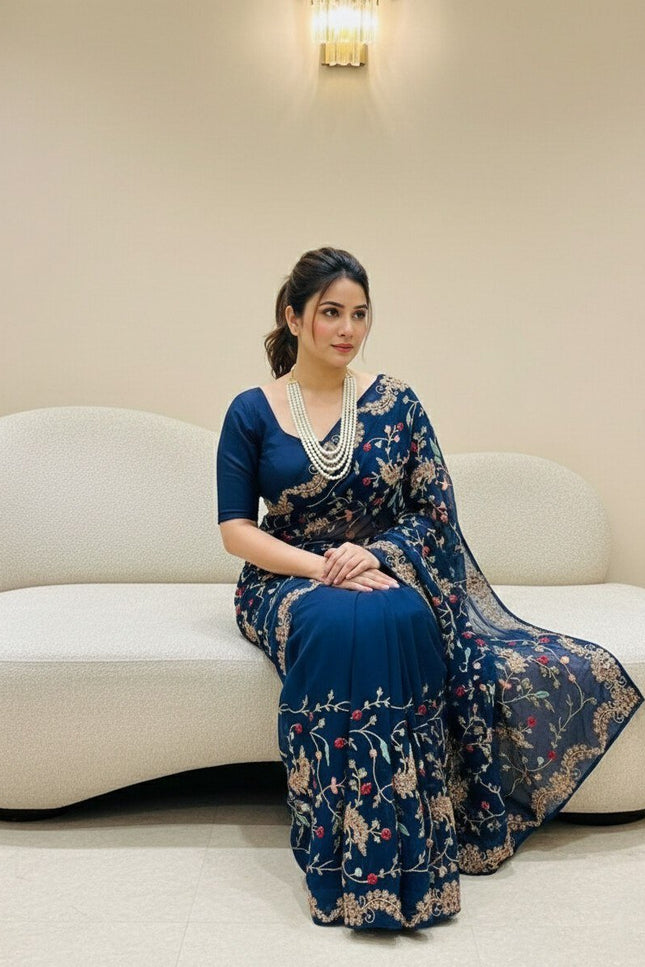 Rangoli Silk Saree with C - Pallu Embroidery Border | Elegant Party Wear Saree - Rosepetals Luxe