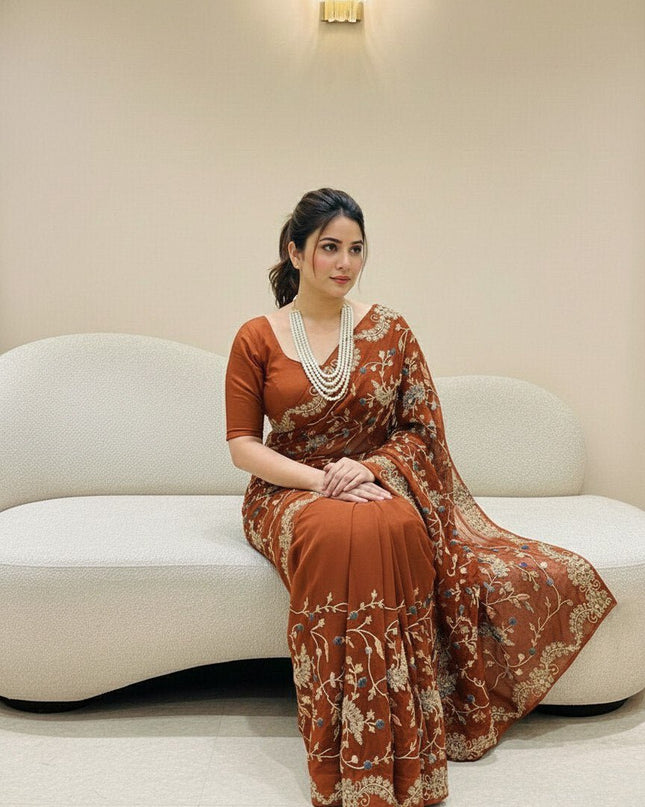 Rangoli Silk Saree with C - Pallu Embroidery Border | Elegant Party Wear Saree - Rosepetals Luxe