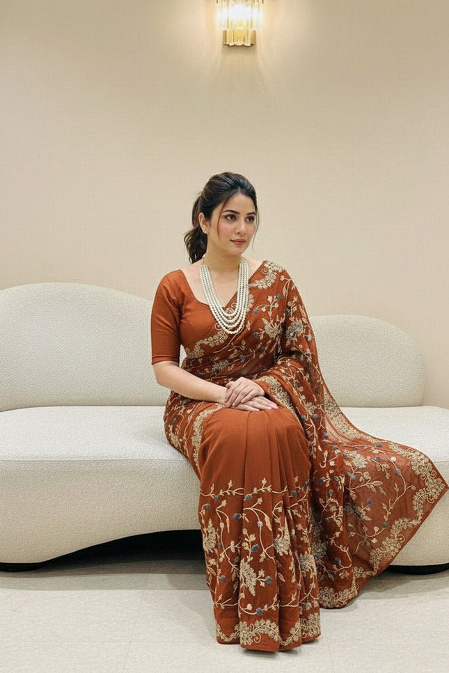 Rangoli Silk Saree with C - Pallu Embroidery Border | Elegant Party Wear Saree - Rosepetals Luxe