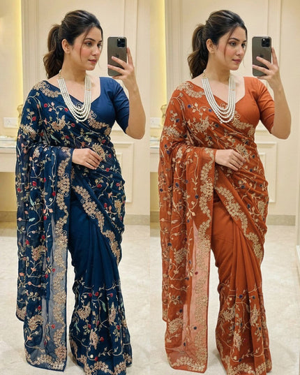 Rangoli Silk Saree with C - Pallu Embroidery Border | Elegant Party Wear Saree - Rosepetals Luxe