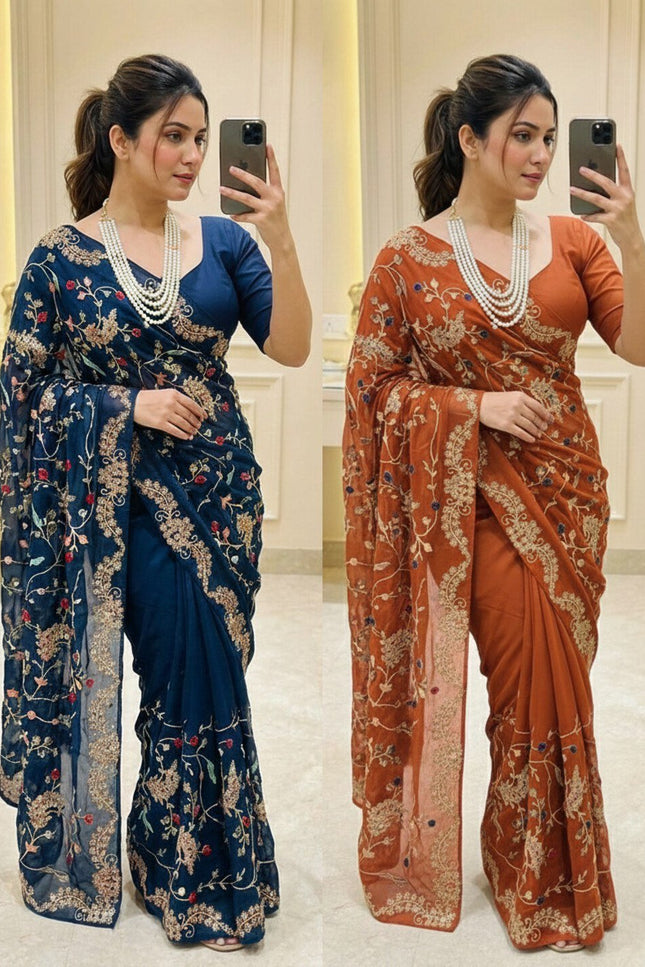 Rangoli Silk Saree with C - Pallu Embroidery Border | Elegant Party Wear Saree - Rosepetals Luxe