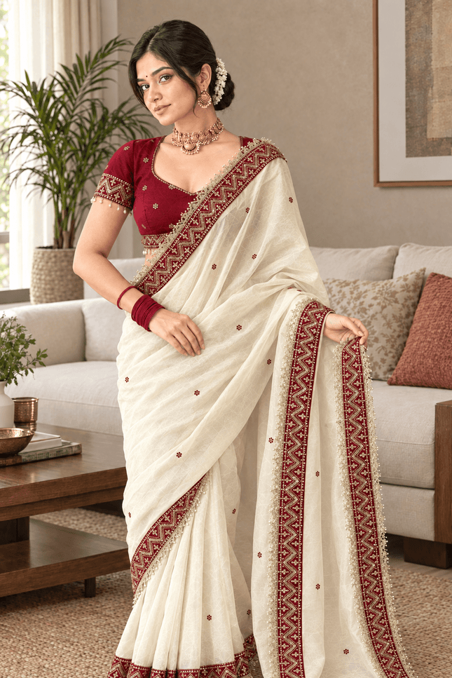 Rangoli Silk Sequin Border Saree with Stitched Contrast Blouse - Rosepetals Luxe