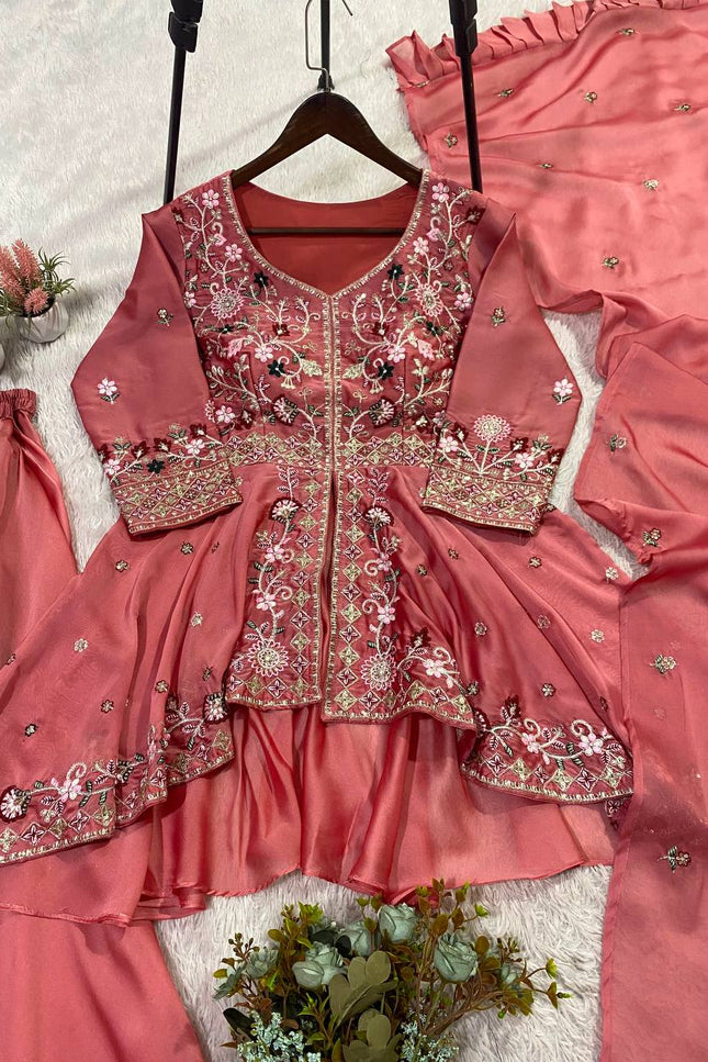 Rangoli Silk Sharara Set | Sequence Embroidery | 3-Piece Festive Suit | Ready to Wear - Rosepetals Luxe