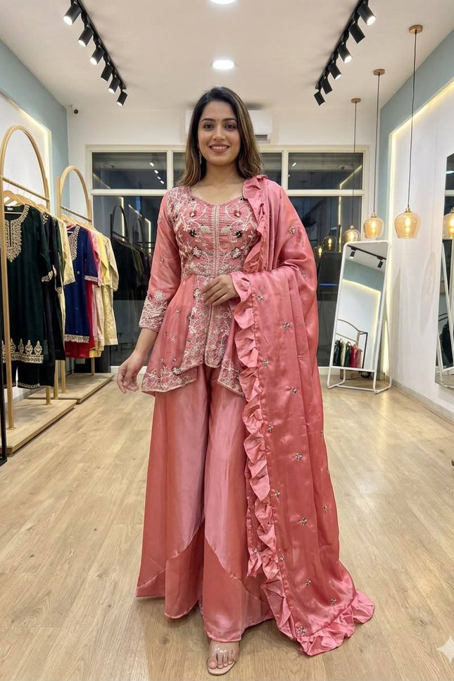 Rangoli Silk Sharara Set | Sequence Embroidery | 3-Piece Festive Suit | Ready to Wear - Rosepetals Luxe