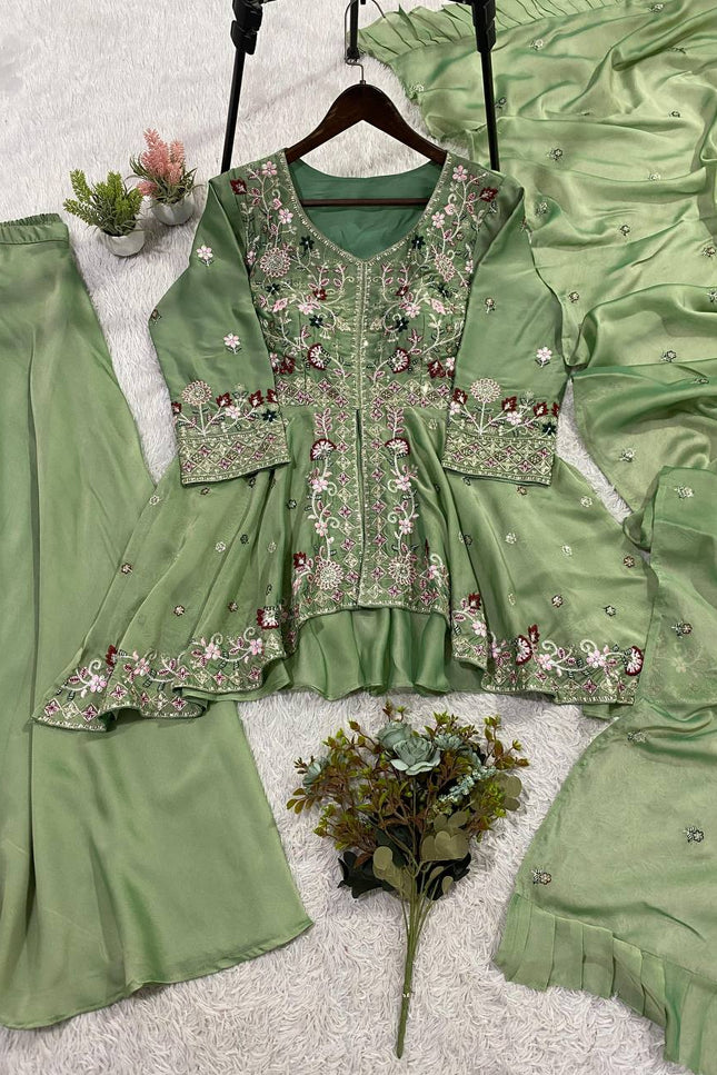 Rangoli Silk Sharara Set | Sequence Embroidery | 3-Piece Festive Suit | Ready to Wear - Rosepetals Luxe