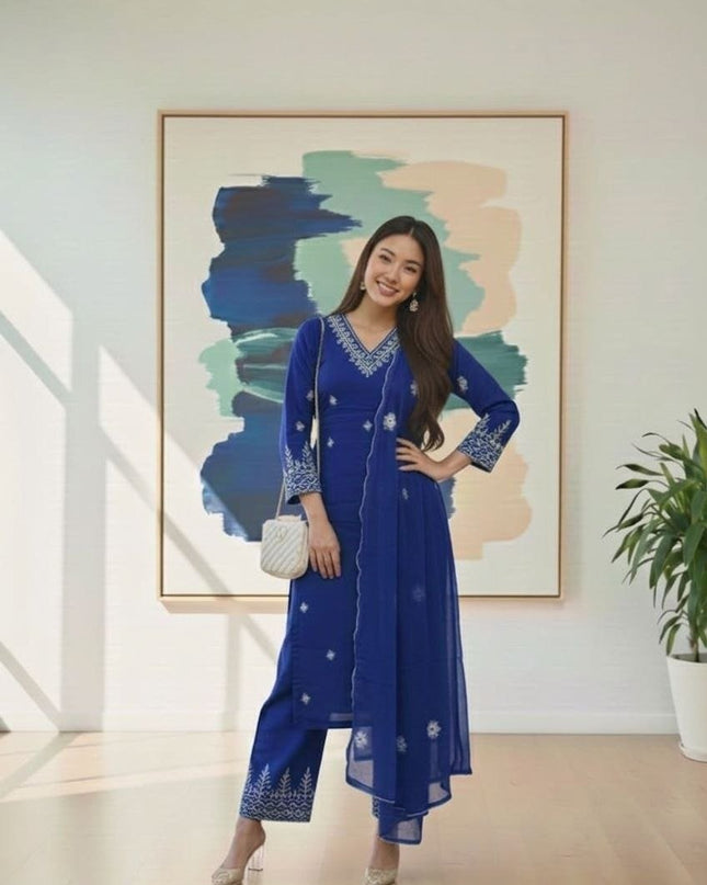 Rayon Cotton Kurta & Bottom Set | Simple Minimal Style With Embroidery Work - Rosepetals Luxe