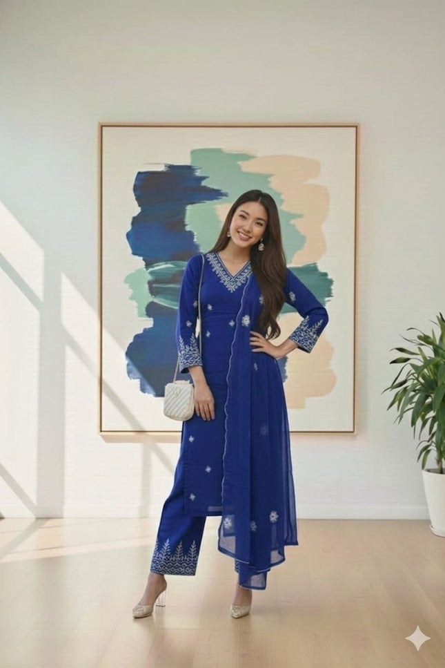 Rayon Cotton Kurta & Bottom Set | Simple Minimal Style With Embroidery Work - Rosepetals Luxe