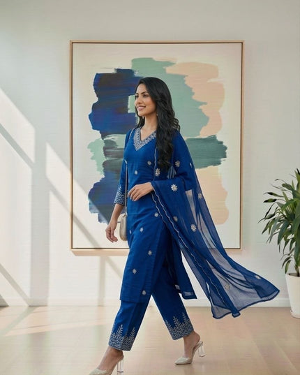 Rayon Cotton Kurta & Bottom Set | Simple Minimal Style With Embroidery Work - Rosepetals Luxe