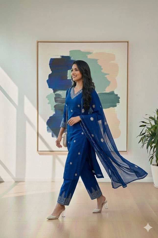 Rayon Cotton Kurta & Bottom Set | Simple Minimal Style With Embroidery Work - Rosepetals Luxe