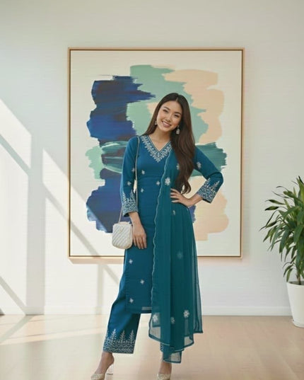 Rayon Cotton Kurta & Bottom Set | Simple Minimal Style With Embroidery Work - Rosepetals Luxe