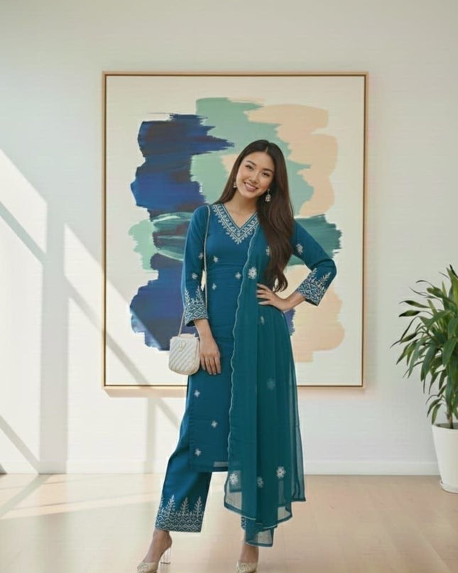 Rayon Cotton Kurta & Bottom Set | Simple Minimal Style With Embroidery Work - Rosepetals Luxe