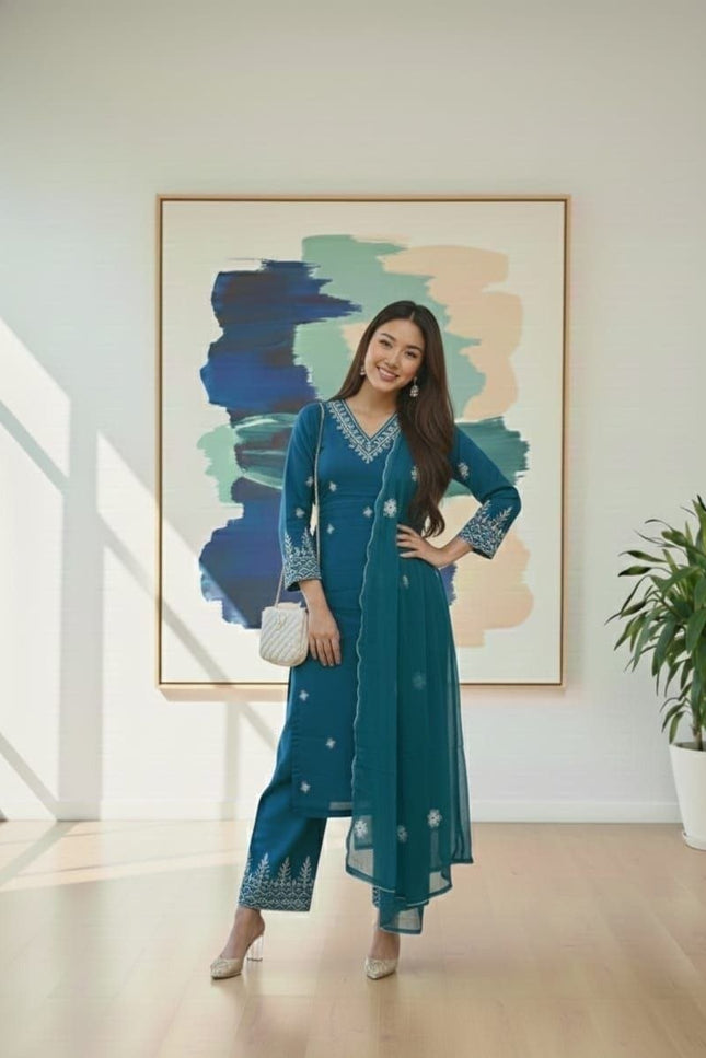 Rayon Cotton Kurta & Bottom Set | Simple Minimal Style With Embroidery Work - Rosepetals Luxe