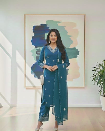 Rayon Cotton Kurta & Bottom Set | Simple Minimal Style With Embroidery Work - Rosepetals Luxe
